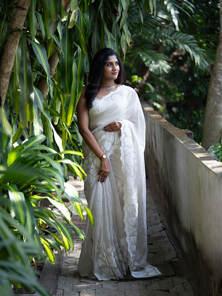 Georgette Tissue Saree in Off-White with White Appliqué Work