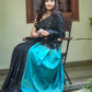 Semi Tussar Silk Saree in Black with Gold Micro Rectangle Weaving and Contrast Peacock Blue Pallu