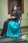 Semi Tussar Silk Saree in Black with Gold Micro Rectangle Weaving and Contrast Peacock Blue Pallu