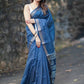 Semi Tussar Silk Saree in Navy blue with White Diagonal Stripes & Golden Zari Border