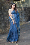Semi Tussar Silk Saree in Navy blue with White Diagonal Stripes & Golden Zari Border