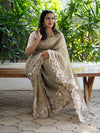 Golden Crushed Tissue Saree with Off-White Thread Work