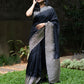 Pure Mushroom Silk Saree in Black with Abstract Gold Diagonal Zari Work and Elegant Pallu