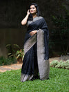 Pure Mushroom Silk Saree in Black with Abstract Gold Diagonal Zari Work and Elegant Pallu