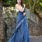 Semi Tussar Silk Saree in Navy blue with White Diagonal Stripes & Golden Zari Border