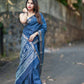 Semi Tussar Silk Saree in Navy blue with White Diagonal Stripes & Golden Zari Border