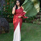 Pure Modal Silk Saree with Red Stripes, White Base, and Olive Green Pallo