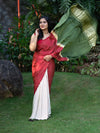 Pure Modal Silk Saree with Red Stripes, White Base, and Olive Green Pallo