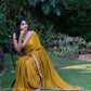 Chinnon Chiffon Saree in Mustard Yellow with Pink Border