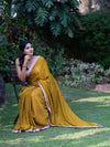Chinnon Chiffon Saree in Mustard Yellow with Pink Border