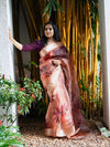 Pure Organza Silk Saree in Peach with Floral Digital Print and Banaras Pallu
