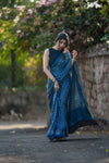 Pure Modal Silk Saree in Denim Blue with Ajrak Print