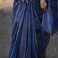 Semi Tussar Silk Saree in Navy Blue with Golden Stripes