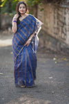 Semi Tussar Silk Saree in Navy Blue with Golden Stripes