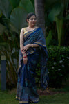 Blue Maheshwari Silk Saree with Blue & Red Print and Golden Zari Border