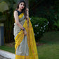 Maheshwari Silk Saree in White with Black Stripes & Contrast Yellow Border and Pallu