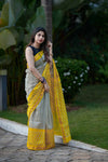 Maheshwari Silk Saree in White with Black Stripes & Contrast Yellow Border and Pallu