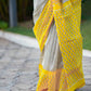 Maheshwari Silk Saree in White with Black Stripes & Contrast Yellow Border and Pallu