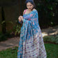 Blue Maheshwari Silk Saree with Pink & White Floral Work and Golden Zari Border