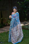 Blue Maheshwari Silk Saree with Pink & White Floral Work and Golden Zari Border