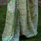 Pastel Green Chanderi Silk Saree with Pink & Dark Green Floral Print and Golden Zari Border