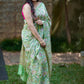 Pastel Green Chanderi Silk Saree with Pink & Dark Green Floral Print and Golden Zari Border