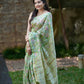 Pastel Green Chanderi Silk Saree with Pink & Dark Green Floral Print and Golden Zari Border