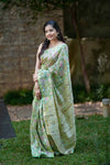 Pastel Green Chanderi Silk Saree with Pink & Dark Green Floral Print and Golden Zari Border