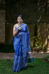 Indigo Blue Chanderi Silk Saree with White Print and Golden Zari Border