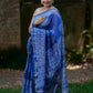 Indigo Blue Chanderi Silk Saree with White Print and Golden Zari Border