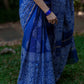 Indigo Blue Chanderi Silk Saree with White Print and Golden Zari Border