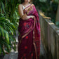 Red Wine Maheshwari Silk Saree with Golden Zari Border