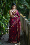 Red Wine Maheshwari Silk Saree with Golden Zari Border