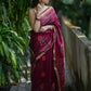 Red Wine Maheshwari Silk Saree with Golden Zari Border