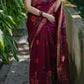 Red Wine Maheshwari Silk Saree with Golden Zari Border