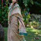 Cream Chanderi Silk Saree with Red & Black Asymmetrical Print and Green-Golden Zari Border