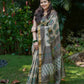 Sandal Maheshwari Silk Saree with Dark Brown & Green Print and Golden Zari Border