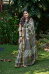 Sandal Maheshwari Silk Saree with Dark Brown & Green Print and Golden Zari Border
