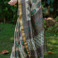 Sandal Maheshwari Silk Saree with Dark Brown & Green Print and Golden Zari Border