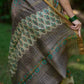 Sandal Maheshwari Silk Saree with Dark Brown & Green Print and Golden Zari Border