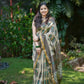 Sandal Maheshwari Silk Saree with Dark Brown & Green Print and Golden Zari Border