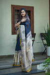 Black Chanderi Silk Saree with Cream Border and Golden Zari