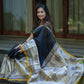 Black Chanderi Silk Saree with Cream Border and Golden Zari