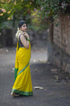 Yellowish Green Crepe Silk Saree with Contrast Green Border & Pallu