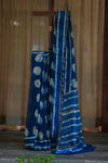 Royal Indigo Blue Chanderi Silk Saree with White Big Buttis and Golden Zari Border