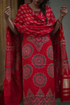 Pure Modal Silk Churidhar Set in Red with Ajrak Print