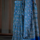 Blue Chanderi Silk Saree with White Floral Print