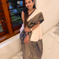 White georgette saree with navy blue border