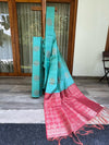 Semi-Raw Silk Saree – Blue-Green with Red Check Pallu
