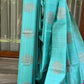Semi-Raw Silk Saree – Blue-Green with Red Check Pallu
